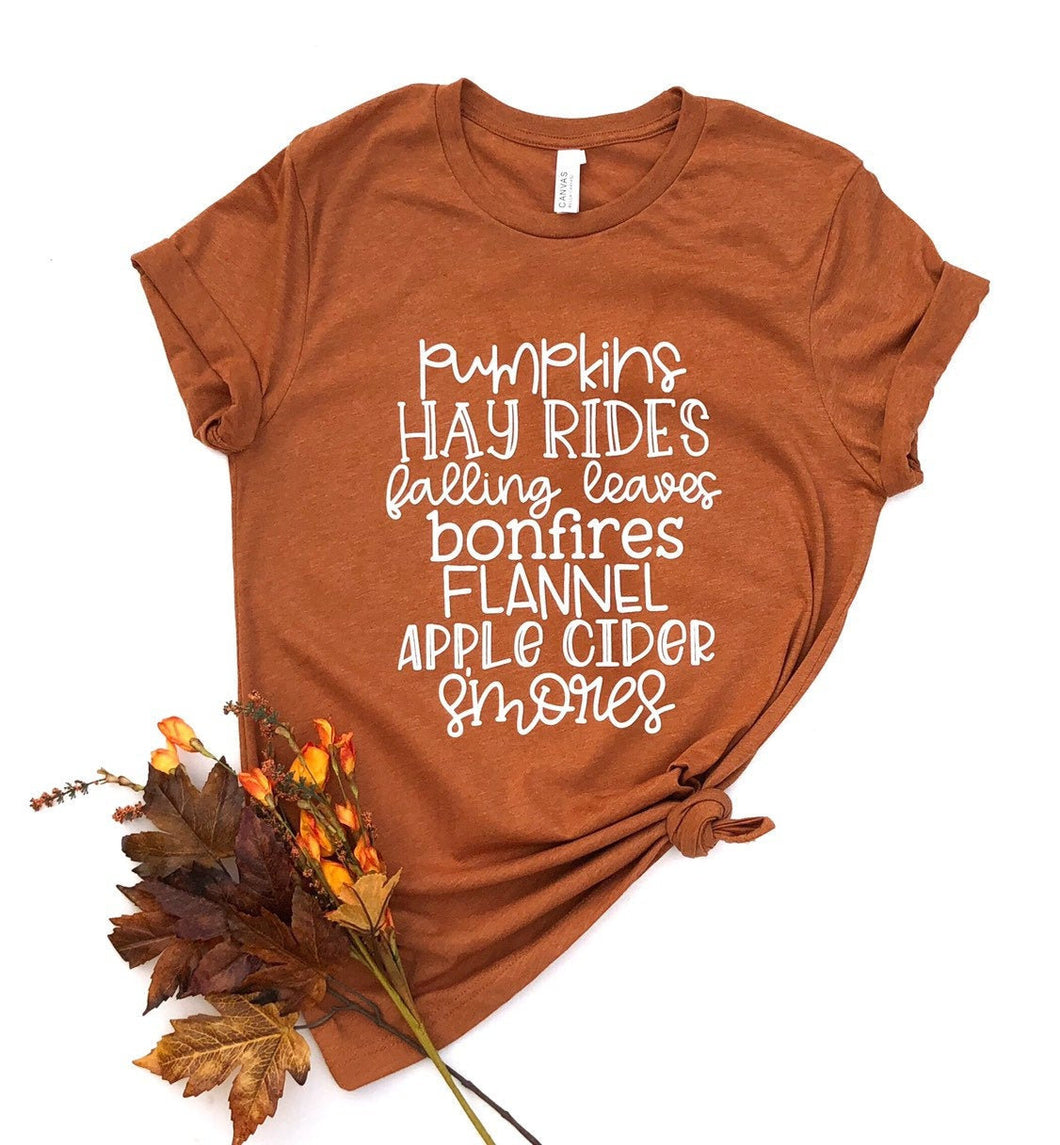 fall list shirt - fall bucket list shirt - fall shirt - fall tshirt - smores shirt - fall leaves shirt - apple cider - fall things - autumn