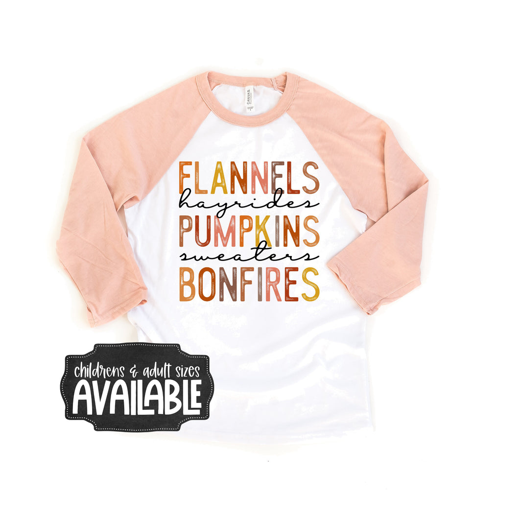 fall shirt - flannels hayrides pumpkins sweaters bonfires - fall list shirt - womens fall shirt - girls fall shirt - hayrides shirt - fall